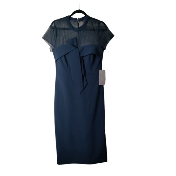 JS Collections Bow Detail Midi Dress Navy Blue Mesh Top Size 10 NWT - Picture 1 of 13